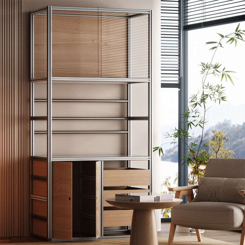 简约铝挤型材料玻璃柜家用客厅饭厅靠墙酒柜展示柜多层陈列收纳柜