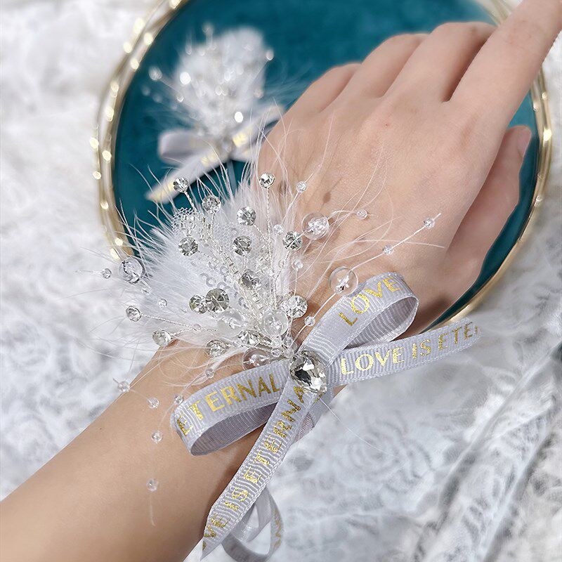 羽毛水晶手绑花新娘新郎胸花高级感伴郎伴娘儿童胸针礼服配饰品女