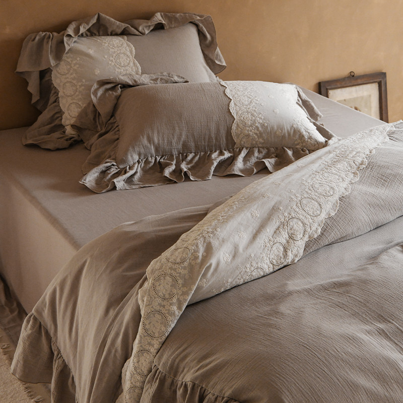 Make法式复古荷叶大花边全棉双层皱皱纱四件套浪漫咖色床单