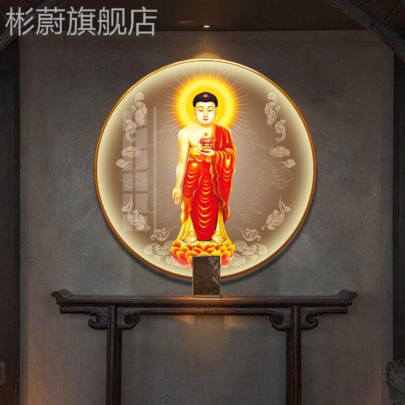 网红南无阿弥陀佛画像佛像挂带画佛书堂背景客厅装饰灯佛祖茶室房