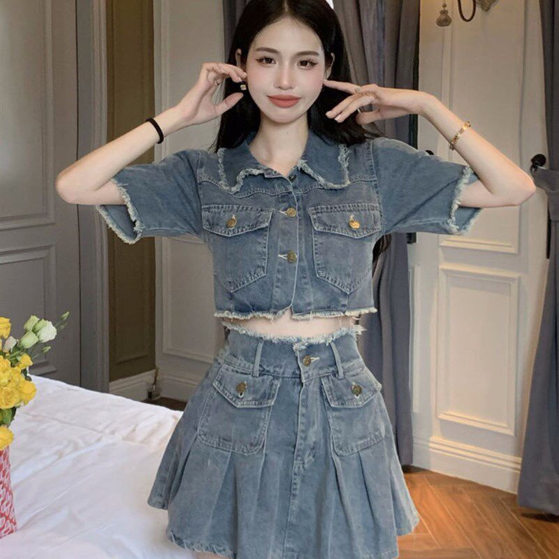 2023复古水洗毛边短款牛仔套装女夏季高腰半身裙短裙子小众两件套