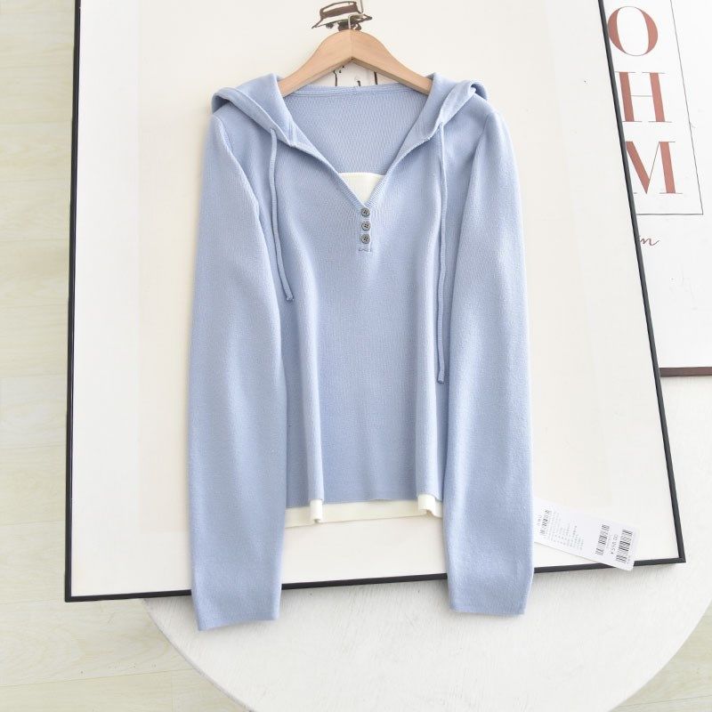 诗系气质连帽显瘦拼接针织衫毛衣灰色高腰休闲阔腿裤两件套装