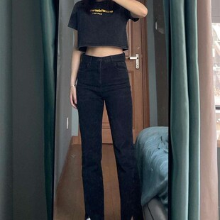 弹力开叉牛仔裤女秋冬加绒高腰直筒显瘦大码胖mm微喇梨形身材裤子