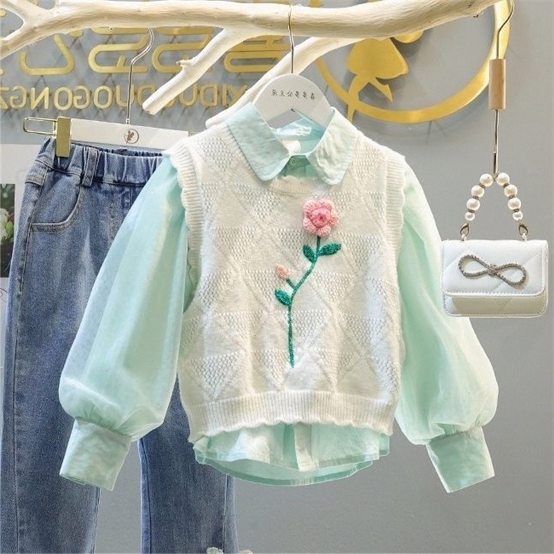 女童套装2023春秋新款甜美学院风翻领棉衬衫儿童马甲背心牛仔裤三