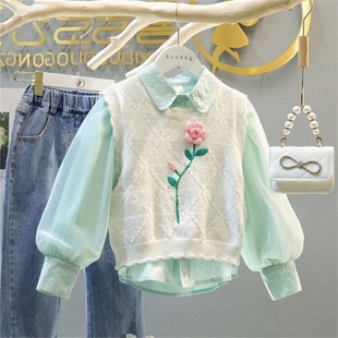 女童套装2023春秋新款甜美学院风翻领棉衬衫儿童马甲背心牛仔裤三