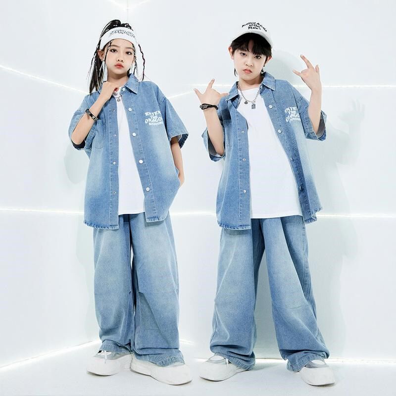 中大男童嘻哈牛仔衬衫套装女童hiphop直筒牛仔裤薄款夏季儿童街舞