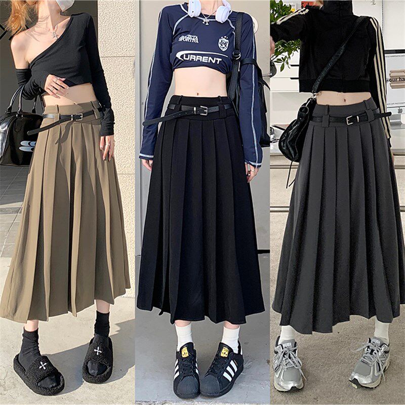 大码百褶裙女中长款秋冬高腰显瘦设计感A字长裙学院风灰色半身裙