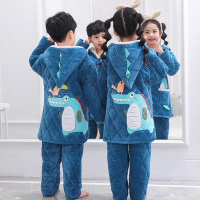 男童睡衣冬季加厚加长款儿童家居服三层夹棉法兰绒珊瑚中大童女孩