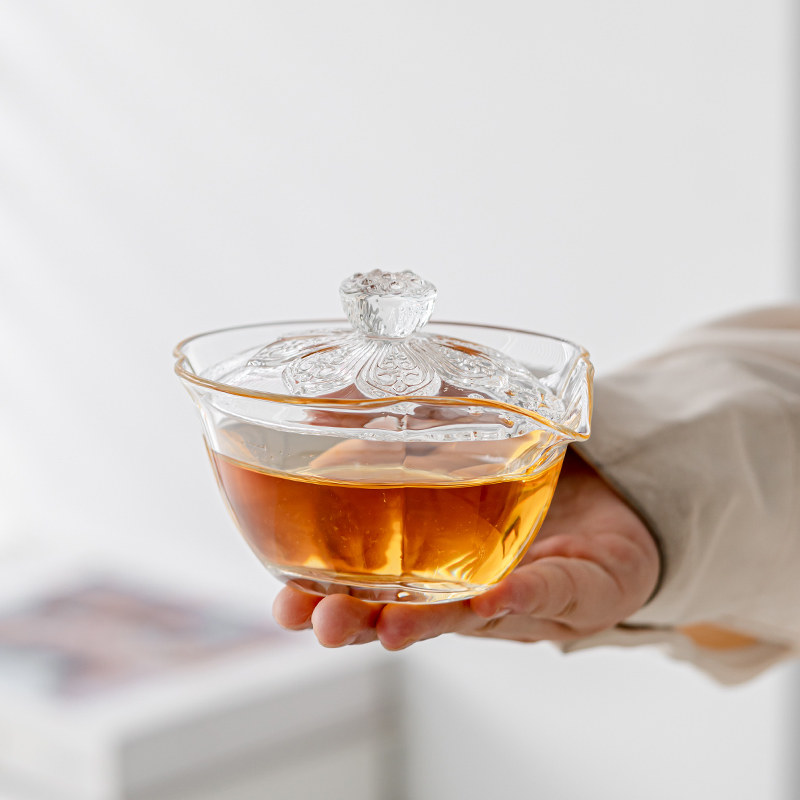 玻璃莲花手执茶杯耐热防烫二才盖碗单个泡茶大号功夫茶具茶碗带盖