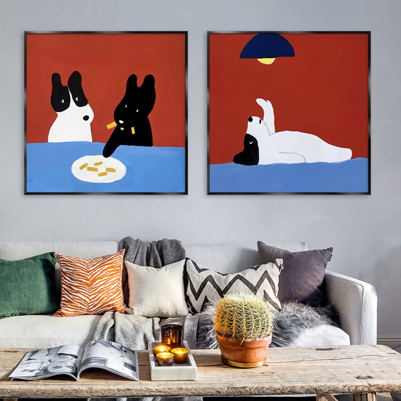 卡通狗狗装饰画一家人幸福物语挂画抽象可爱壁画客厅背景墙画小众