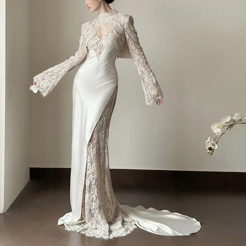 缎面蕾丝法式轻婚纱高级质感长袖白色简约小众气质迎宾出门纱礼服