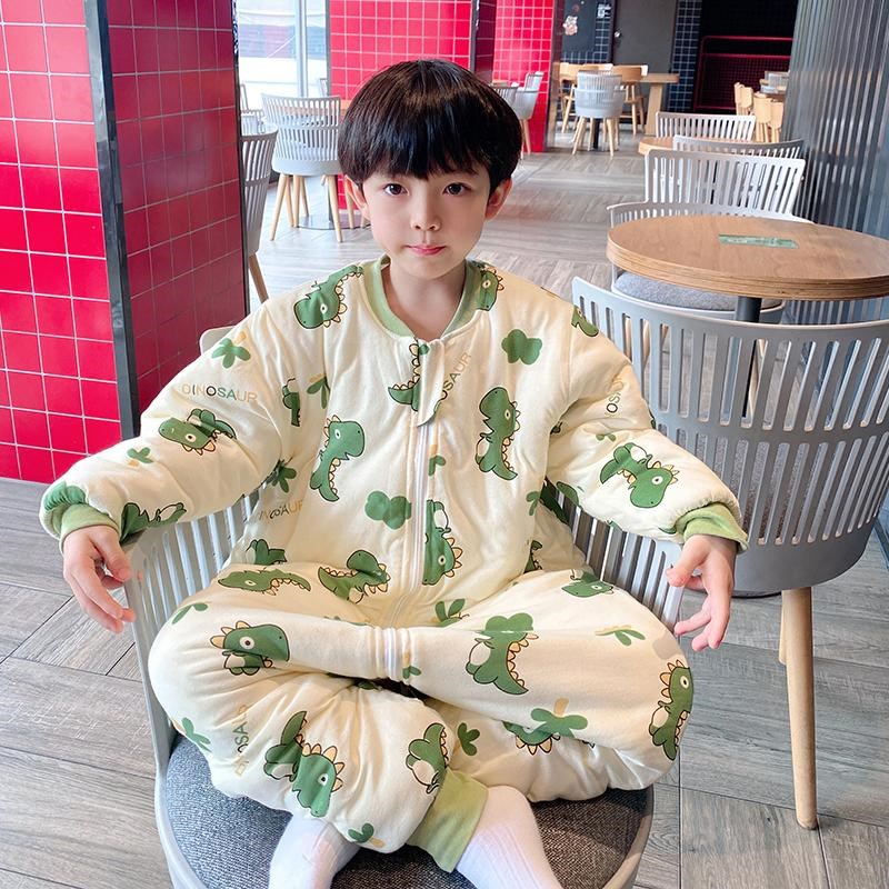 儿童夹棉睡袋秋冬款纯棉宝宝连体睡衣加厚婴儿冬季分腿防踢被神器