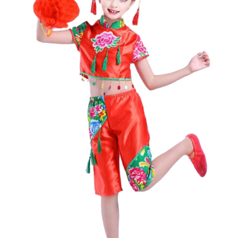 儿童开门红喜庆秧歌演出服手绢灯笼舞蹈服说唱中国红梦娃表演服女