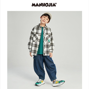 漫画家潮童装男童衬衫外套2023秋季新款磨毛格纹复古街头儿童上衣