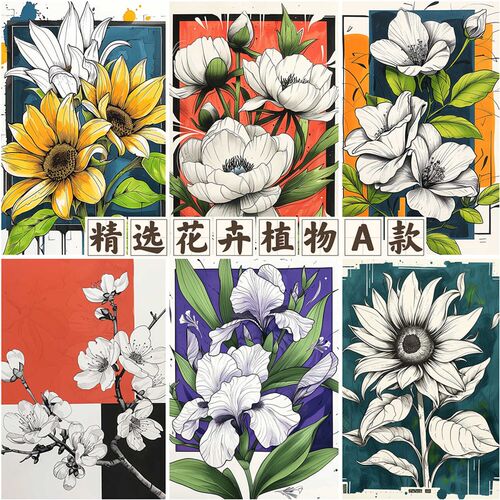 中古法式艺术花卉植物临摹卡30张画室机构马克笔线描创意美术A5