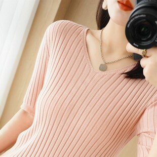 新款短袖打底针织衫女V领套头中袖上衣修身短款五分袖羊毛衣T恤衫