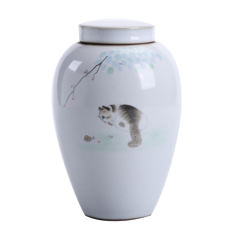 汝窑猫咪茶叶罐创意个性时尚家用密封罐精品高档日式储茶陶瓷罐子