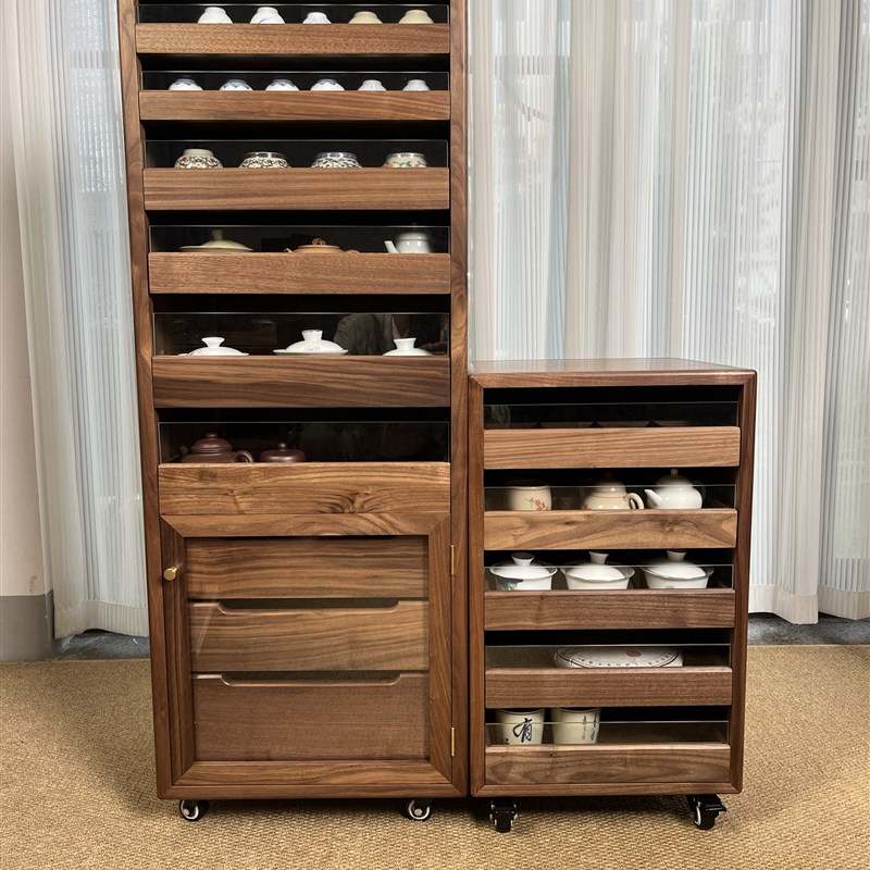 黑胡桃木琴键柜五层抽屉收纳柜茶水柜茶室茶杯茶具柜展示柜