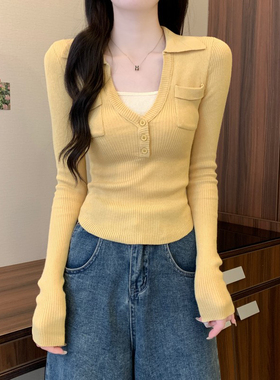 假两件针织打底衫女春装2025内搭修身毛衣高级黄色miu里穿搭上衣