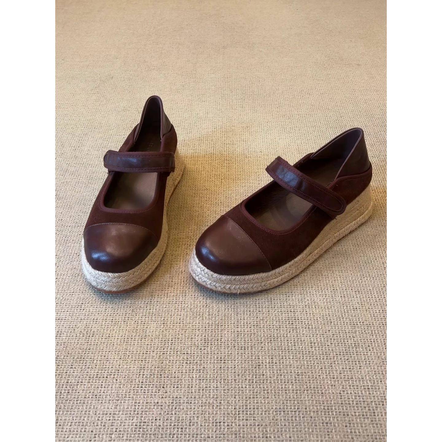 羊皮版~2025新款覆古风圆头厚底单鞋女款浅口渔夫鞋一脚蹬懒人鞋