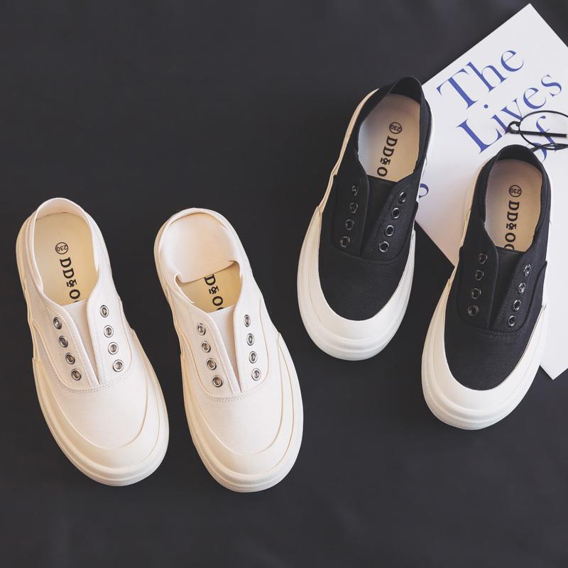 STAR匡葳无鞋带小白鞋女款2025新款一脚蹬懒人帆布鞋厚底女鞋板鞋