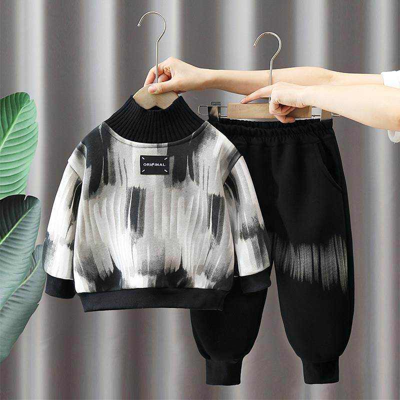 韩国男童秋冬加绒套装2025新款儿童一体绒半高领卫衣春季两件套潮