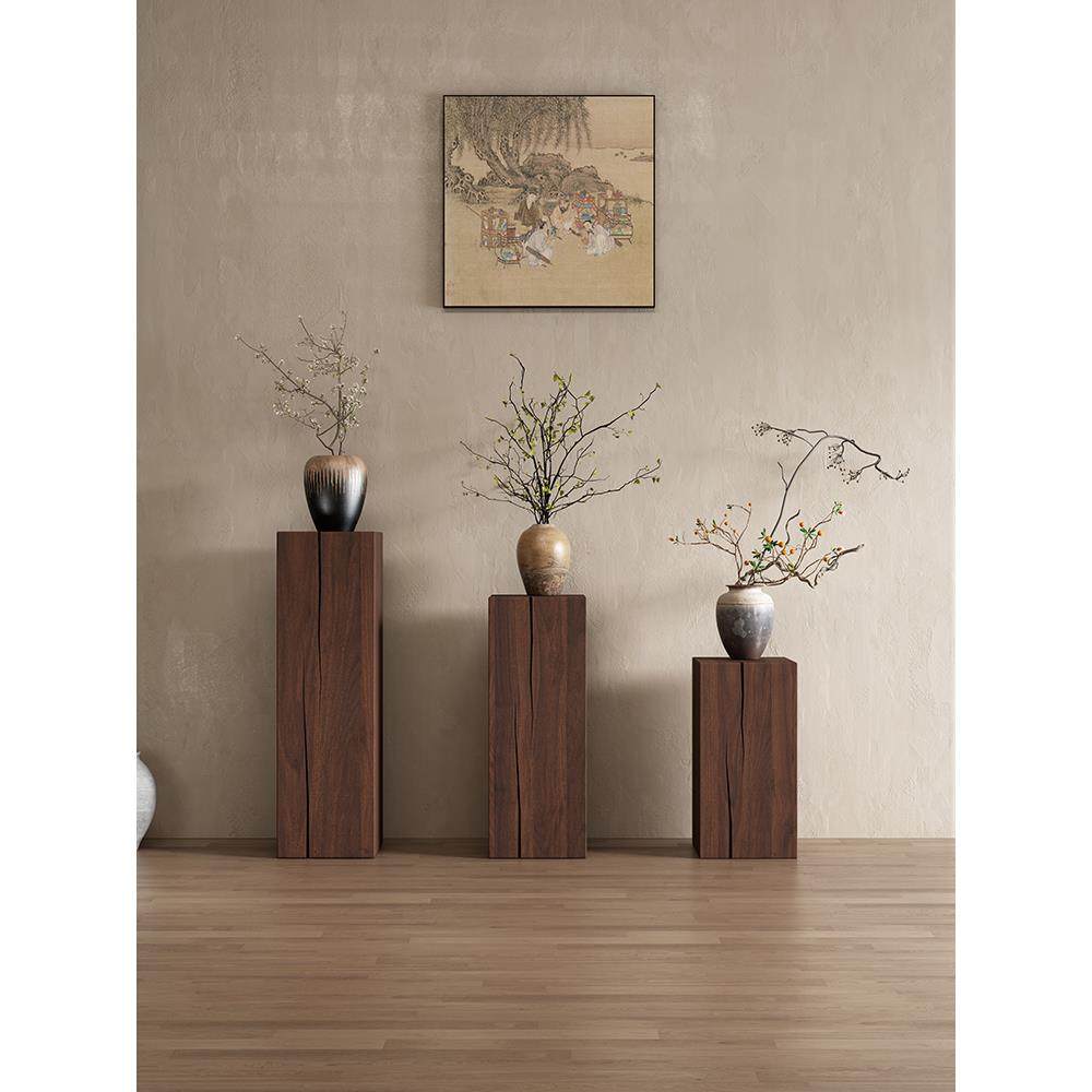 复古色实木实心方形木墩子花架底座木桩玄关侘寂民宿树桩根雕摆件