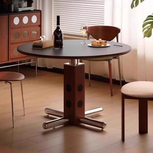 中古风伯格岩板圆桌餐桌家用小户型覆古包豪斯实木圆形4人6人桌子