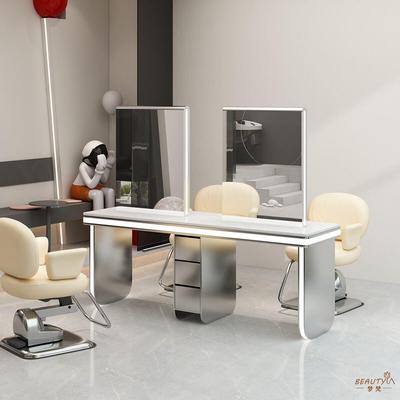 新款理发店镜台不锈钢大理石桌面美发店烫染镜台柜子一体发廊专用