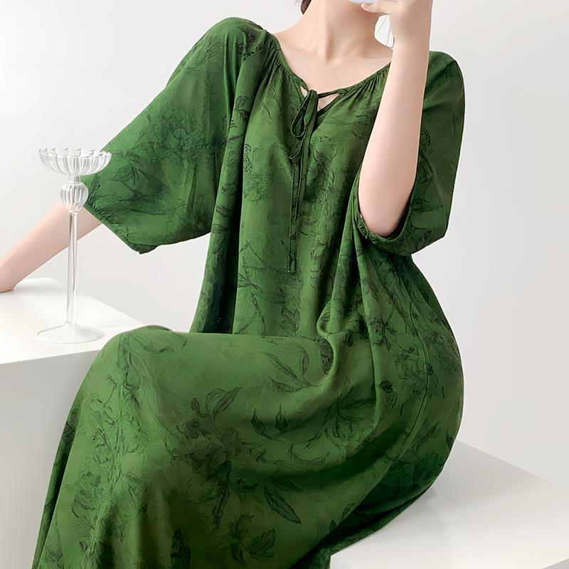 绿野仙踪温柔秀气人造棉睡裙文艺复古半自由中长款灯笼袖棉绸裙女