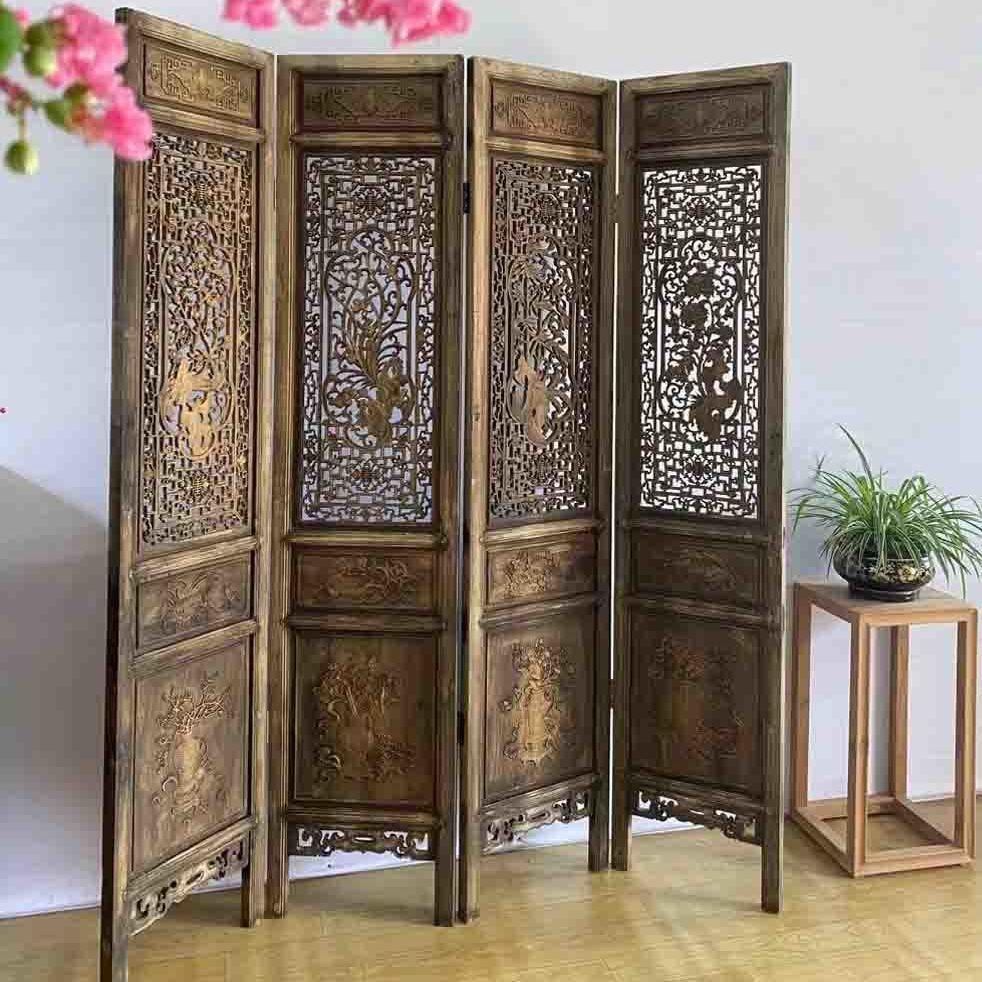 东阳木雕仿古门窗全实木花格镂空大门折叠屏风定做古建筑隔断护栏