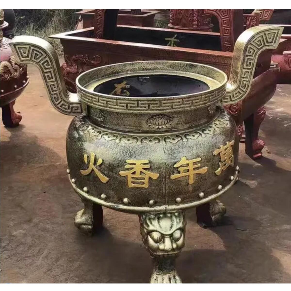 寺庙铁铸耐高温防锈平口圆肚龙耳黑色描绘烧香香炉室外特工厂