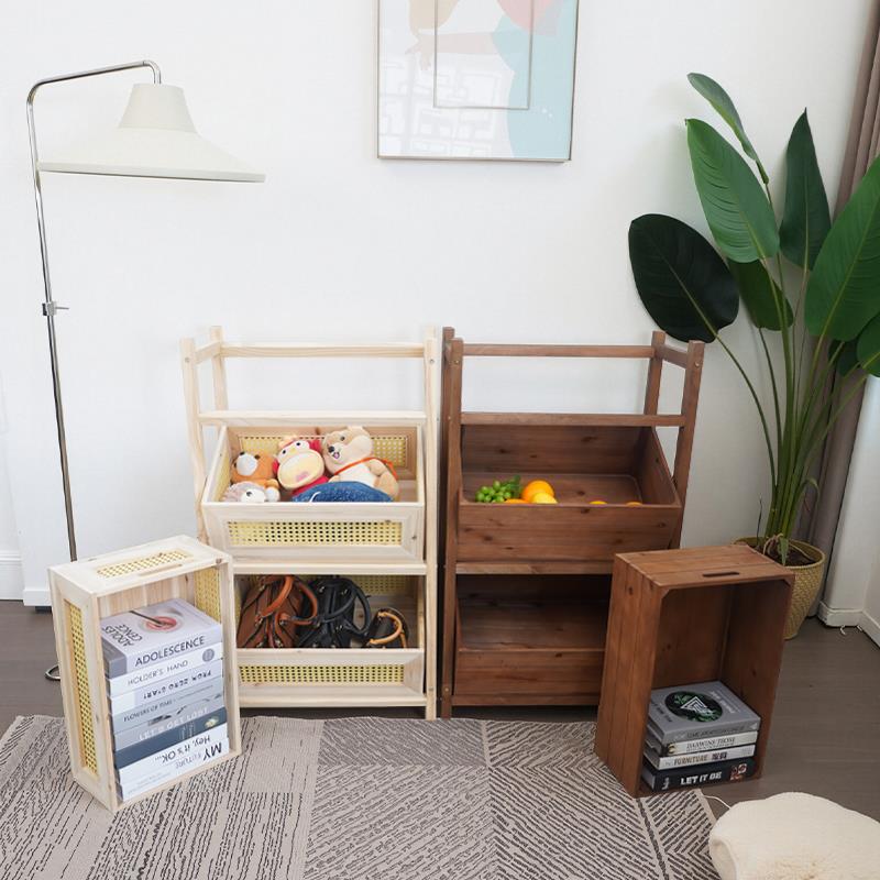 竹编斜款花架实木置物架带轮子多层收纳层架客厅卧室置物架家用书