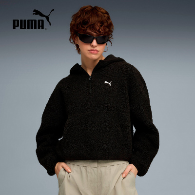 PUMA彪马冬季女款休闲运动夹克摇粒绒短款黑色连帽卫衣 633983-01