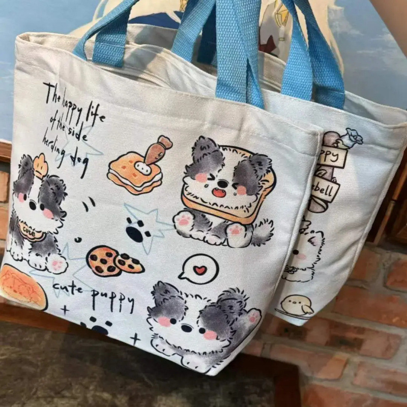 新款踏青小狗帆布包学生便捷手提包宝妈外出手拎包上班通勤饭盒包