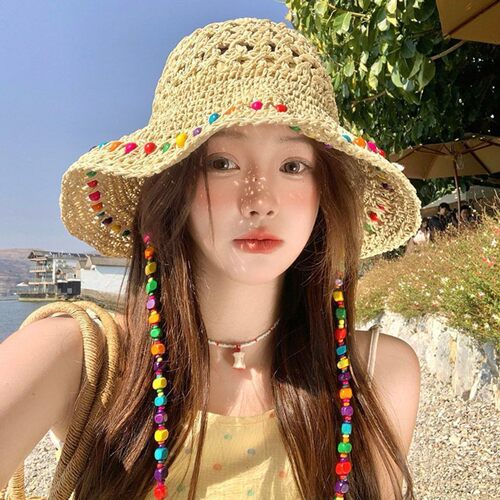 彩珠草帽夏大檐草编渔夫帽帽子海边沙滩防晒遮阳海边帽子春天