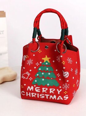 新款节日容量高级手提包针织水桶包托特包外出轻便圣诞节礼品袋M