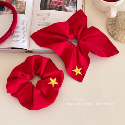 红色五角星方巾大肠发圈女国风喜