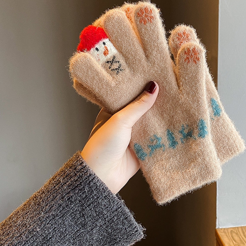 可爱雪人针织手套女冬季学生卡通可触屏加厚保暖骑行防寒