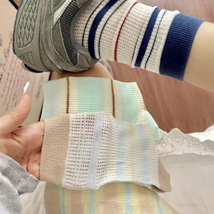 薄款 复古网眼条纹堆堆袜子女中筒袜ins潮夏季 日系运动长袜