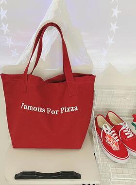 2025年新款红色字母帆布包Famous For Pizza同款oversize大容量包