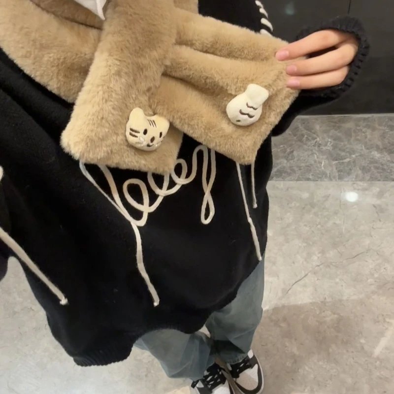 小猫小鱼防寒保暖围巾秋冬季骑行防风加厚交叉式毛绒围脖猫吃鱼L