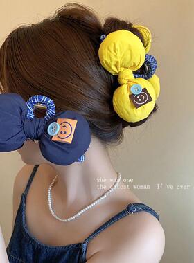 韩国超软可爱充棉蝴蝶结笑脸布标鲨鱼夹AB面纽扣后脑勺盘发抓夹Z