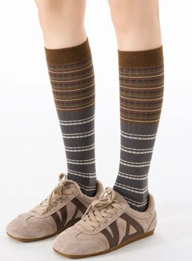 复古条纹小腿袜2025冬季新款彩色长筒袜显瘦美腿高筒堆堆袜女insY