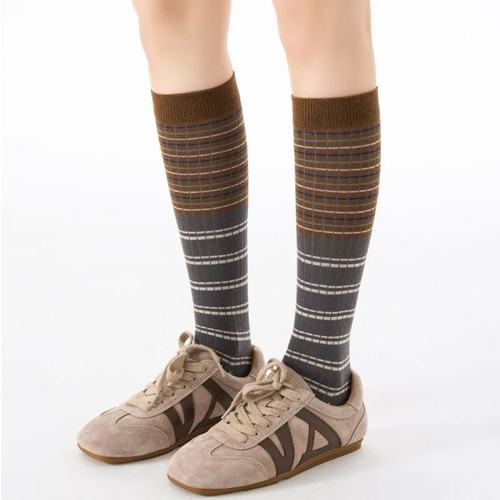 复古条纹小腿袜2025冬季新款彩色长筒袜显瘦美腿高筒堆堆袜女insY