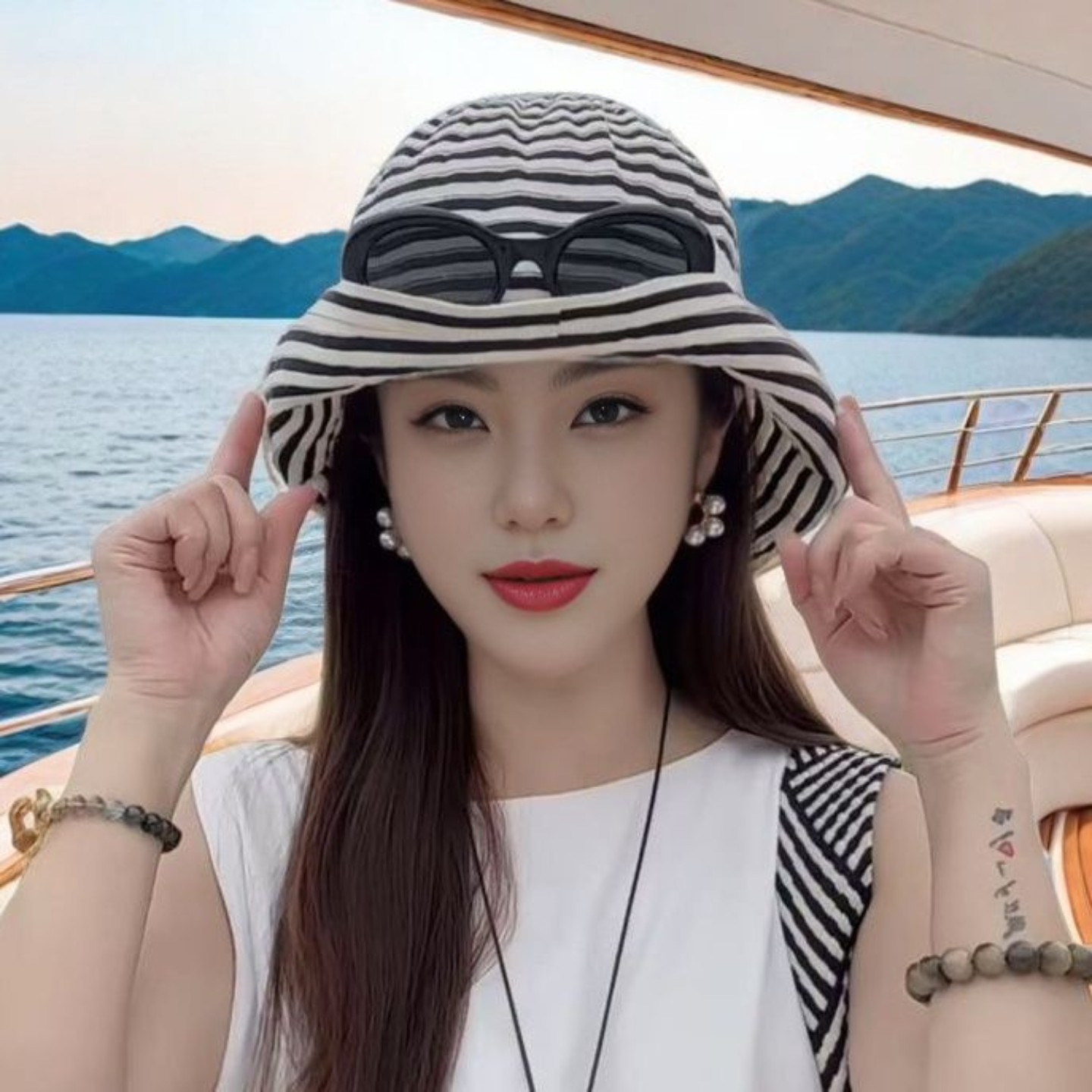 同款空顶蛋卷帽便携优雅大头小头折叠条纹帽子
