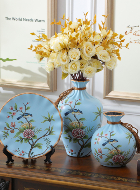 热销美式复古陶瓷摆件花瓶盘子欧式客厅玄关酒柜现代创意家三件套
