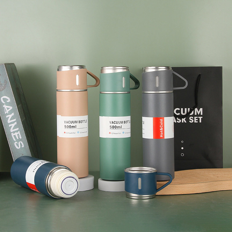 新款304不锈钢一杯三盖保温杯套装双层真空商务办公礼品水杯现货