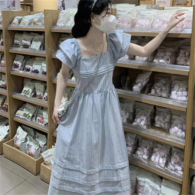 连衣裙女法式方领蓝色初高