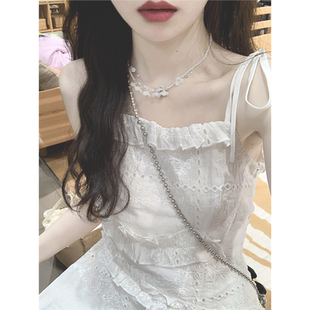 初恋白色刺绣吊带连衣裙女夏季 法式 小个子气质甜美仙女温柔风长裙